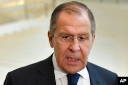 Russian Foreign Minister Sergey Lavrov speaks to the media in Tashkent, Uzbekistan, March 27, 2018.