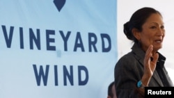 FILE - U.S. Secretary of the Interior Deb Haaland speaks during the groundbreaking ceremony at the point where power from the Vineyard Wind commercial offshore scale windfarm will come ashore in Centerville, Mass., Nov. 18, 2021.