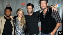 From left, Usher, Shakira, Adam Levine, and Blake Shelton arrive at "The Voice" season 4 red carpet event at the House of Blues on May 8, 2013 in Los Angeles.