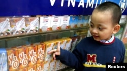 A Vietnamese boy looks at dairy products at a showroom of the Vietnam Dairy Products Co (Vinamilk) in Hanoi.