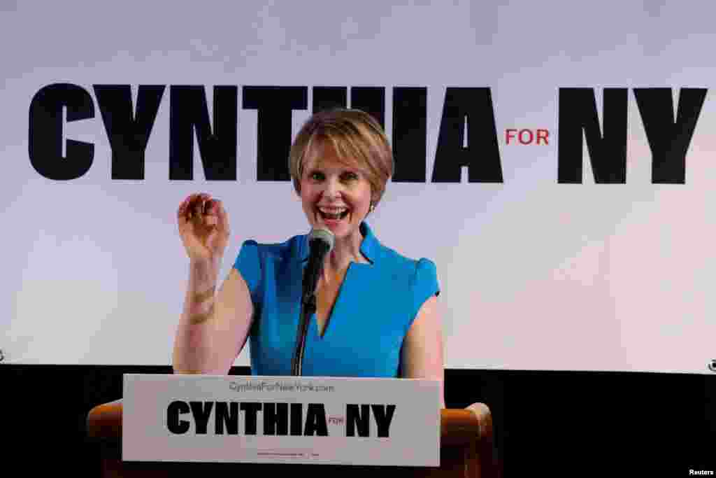 Actress Cynthia Nixon announces that she is running for governor of New York at a campaign stop in Brooklyn, New York.