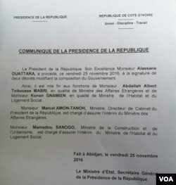 Communiqué de la présidence ivoirienne, Abidjan, le 25 novembre 2016