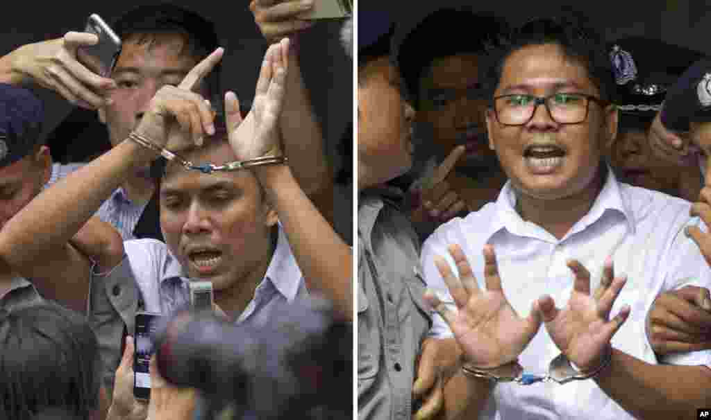 In this combination image, Reuters journalists Kyaw Soe Oo, left, and Wa Lone, are handcuffed as they are escorted by police out of the court in Yangon, Myanmar. The court sentenced the two journalists to seven years in prison for illegal possession of official documents, a ruling that comes as international criticism mounts over the military&#39;s alleged human rights abuses against Rohingya Muslims.