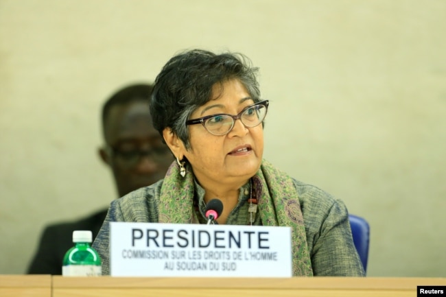 FILE - Yasmin Sooka, chairwoman of the U.N. Commission on Human Rights in South Sudan, addresses the U.N. Human Rights Council in Geneva, Dec. 14, 2016. Sooka has accused the government in Juba of being behind a "brutal campaign of repression."