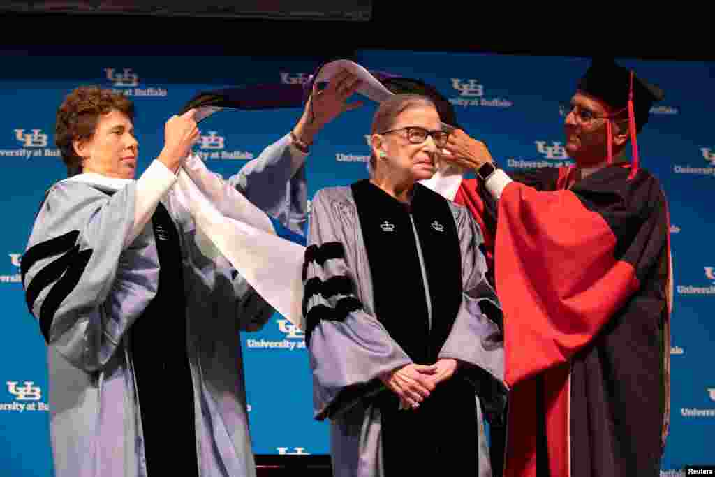 U.S. Supreme Court Justice Ruth Bader Ginsburg receives an honorary doctoral degree at the University of Buffalo School of Law in Buffalo, New York, Aug. 26, 2019.