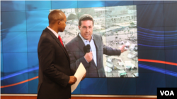 Africa 54 host Vincent Makori goes live with Alhurra TV's Tarek El Shamy in Cairo. (photo by Patricia Li) 