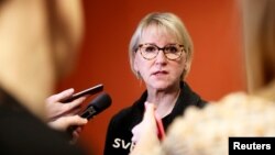 Sweden's Foreign Minister Margot Wallstrom comments on a meeting with North Korean Foreign Minister Ri Yong Ho, in the Swedish house of parliament in Stockholm, March 16, 2018.