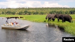 FILE - Foreign tourists in safari riverboats observe elephants along the Chobe River bank in Chobe National Park, in northern Botswana, March 2005.