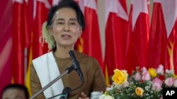 National League for Democracy party (NLD) leader Aung San Suu Kyi delivers a speech during a ceremony to mark Myanmar's 68th anniversary of Independence in Yangon, Myanmar, Jan. 4, 2016.