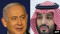 Kombinasi gambar yang dibuat pada 23 November 2020 ini menunjukkan (Kiri ke Kanan) Perdana Menteri Israel Benjamin Netanyahu memberikan pernyataan di Yerusalem pada 19 November 2020 dan Putra Mahkota Saudi Mohammed bin Salman. (Foto: AFP)