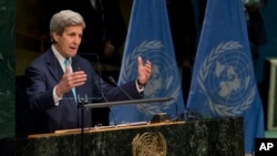 U.S. Secretary of State John Kerry speaks during the Paris Agreement on climate change ceremony, Friday, April 22, 2016 at U.N. headquarters. 