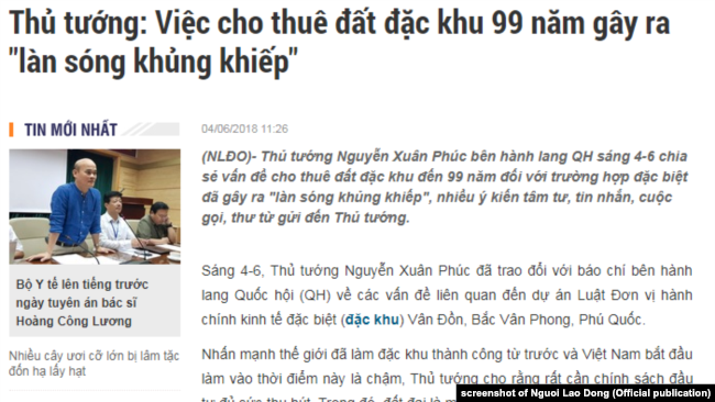 Báo chí trong nước nêu phát biểu của Thủ tướng Nguyễn Xuân Phúc về dự luật đặc khu.