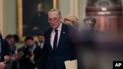 Senate Minority Leader Chuck Schumer, D-N.Y., arrives to speak to reporters following their weekly strategy meeting, at the Capitol in Washington, Jan. 29, 2019. 