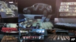 This combination image of evidence photos released Aug. 8, 2018, by the United States Attorney's Office shows part of narcotics and other seized materials in a federal investigation into three drug-trafficking organizations.