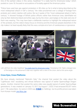 亲中国的政治网络“垃圾邮件龙”发布在YouTube上的一段视频，扰乱美国政治舆论，却在展现美国混乱的视频中用了英国的图像。（图片来源：社交媒体监测公司Graphika的报告。）