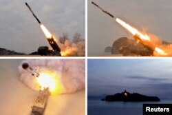북한 관영 조선 중앙통신이 다음날 공개한 지난달 27일 지대지 전술유도탄 발사 장면.