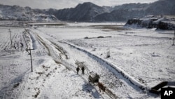 지난달 3일 북한 평안북도 구장군에서 농부들이 눈덮인 밭길을 걷고 있다. (자료사진)