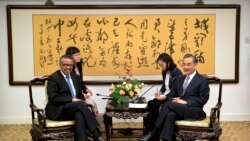 世界卫生组织总干事谭德塞博士和中国外交部长王毅2018年7月2日在北京外交部会晤之前合影。他们身后的书法是唐代诗人王勃的诗。