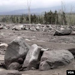 Batu-batu besar menumpuk di Sungai Putih Magelang, 4 kilometer dari puncak Merapi