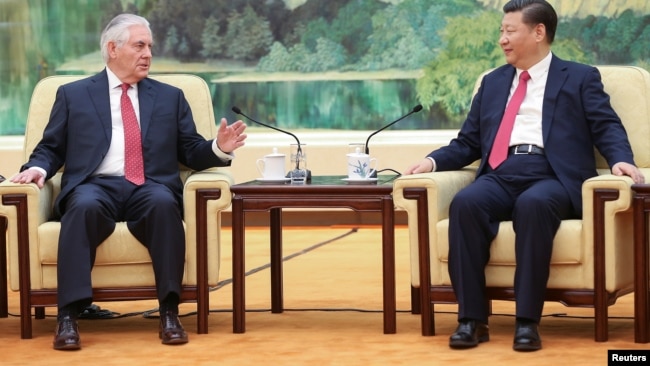Ngoại trưởng Mỹ Rex Tillerson trong cuộc gặp với Chủ tịch Trung Quốc Tập Cận Bình ngày 19/3.