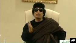 Still image from a video shows Gaddafi gesturing as he speaks at a Tripoli hotel (file photo)