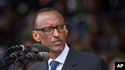 FILE - Rwandan President Paul Kagame addresses the public and dignitaries at a ceremony to mark the 20th anniversary of the Rwandan genocide, at Amahoro stadium in Kigali, Rwanda, April 7, 2014.