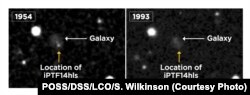iPTF14hls (left), not seen in a later image taken in 1993 (right). Supernovae are known to explode only once, shine for a few months and then fade, but iPTF14hls experienced at least two explosions, 60 years apart. Adapted from Arcavi et al. 2017, Nature.