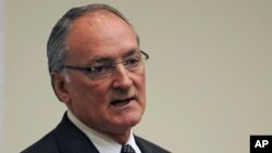 Notre Dame Athletic Director Jack Swarbrick speaks to reporters during an NCAA college football news conference regarding a hoax involving linebacker Manti Te'o, January 16, 2013, in South Bend, Indiana.