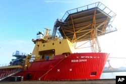 The Nekton Mission's Ocean Zephyr supply ship stands docked in Bremerhaven, Germany, Wednesday Jan. 23, 2019. (AP Photo/Stephen Barker)