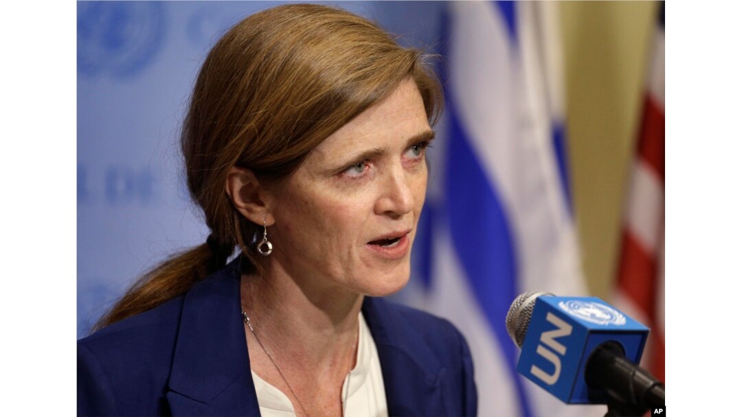 Samantha Power, U.S. ambassador to the U.N., talks to reporters during a break in Security Council consultations, Feb. 25, 2016.