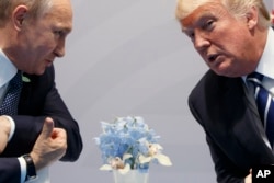 FILE -U.S. President Donald Trump (R) meets with Russian President Vladimir Putin at the G20 Summit in Hamburg, Germany, July 7, 2017.