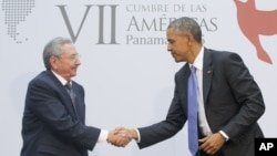 US President Barack Obama and Cuban President Raul Castro shake hands during their meeting at the Summit of the Americas in Panama City, Panama, Saturday, April 11, 2015. (AP Photo/Pablo Martinez Monsivais)