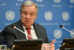 Sekretaris Jenderal PBB Antonio Guterres dalam konferensi pers di markas PBB di New York, Februari 2020.