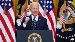 Presiden AS Joe Biden berbicara pada konferensi pers pertamanya di Gedung Putih, Kamis 25 Maret 2021. 