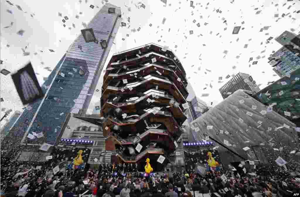 Confetti is showered during celebrations for the opening of New York&rsquo;s newest neighborhood, Hudson Yards.