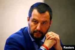 FILE - Italy's Interior Minister Matteo Salvini looks on during a news conference in Rome, June 20, 2018.