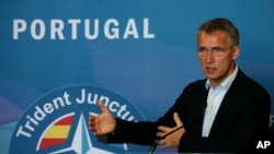NATO Secretary General, Jens Stoltenberg, during a press conference after the NATO Trident Juncture exercise 2015 in Troia, south of Lisbon, Nov. 5, 2015.