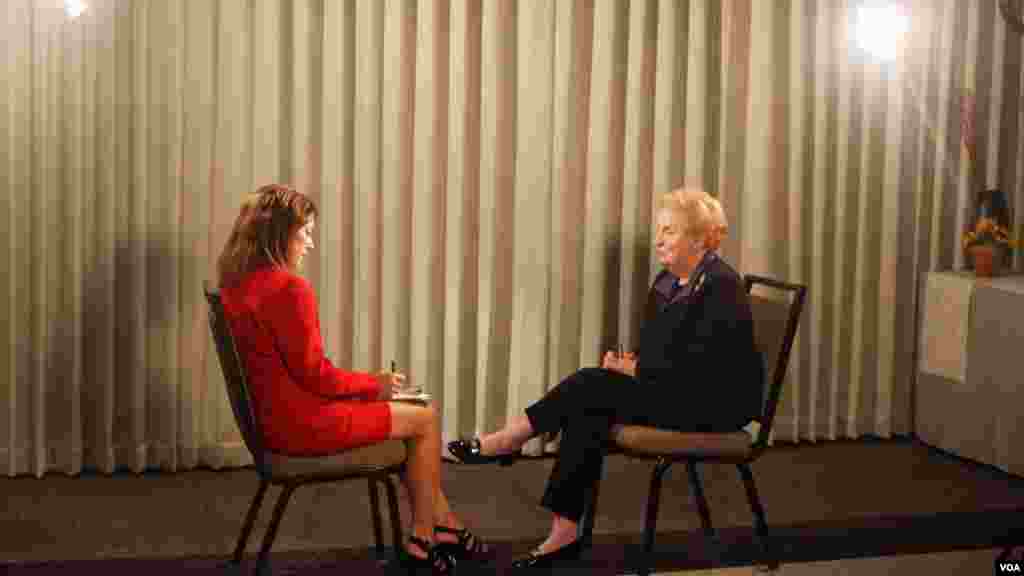 Former Secretary of State Madeleine Albright is interviewed by VOA's Carolyn Presutti at the Democratic Convention on Monday, September 3rd 2012. Photo Credits: Chelsea Brown