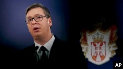 Serbian President Aleksandar Vucic speaks during a press conference in Belgrade, Dec. 3, 2018. 