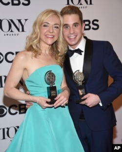Rachel Bay Jones, left, and Ben Platt, display their Tony Awards.
