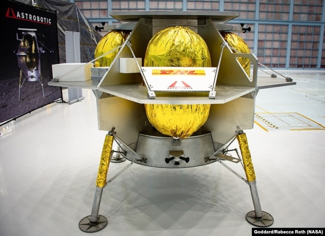 A lunar lander, developed by private American company Astrobotic, is shown on Friday, May 31, 2019, at NASA's Goddard Space Flight Center in Greenbelt, Md. (Image Credit: NASA/Goddard/Rebecca Roth)