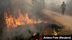 Seorang anggota TNI berusaha memadamkan api kebakaran hutan di Ogan Ilir, Sumatra Selatan, September tahun lalu (foto: dok).