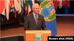 U.S. envoy Kenneth Ward speaks to an annual meeting of the Organization for the Prohibition of Chemical Weapons in The Hague, The Netherlands, Nov. 22, 2018.