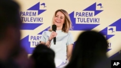 Chairwoman of the Reform Party Kaja Kallas speaks at her party headquarters after a parliamentary elections in Tallinn, Estonia, Sunday, March 3, 2019. 