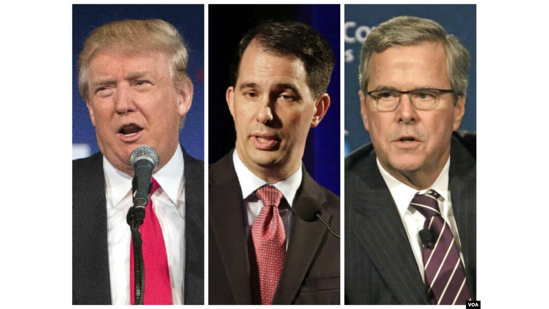FILE - From left, Republican presidential candidates Donald Trump, Wisconsin Governor Scott Walker and former Florida Governor Jeb Bush will participate in the first election debate Thursday in Cleveland, Ohio.