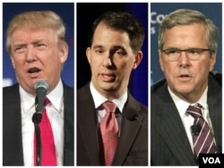 FILE - From left, Republican presidential candidates Donald Trump, Wisconsin Governor Scott Walker and former Florida Governor Jeb Bush will participate in the first election debate Thursday in Cleveland, Ohio.