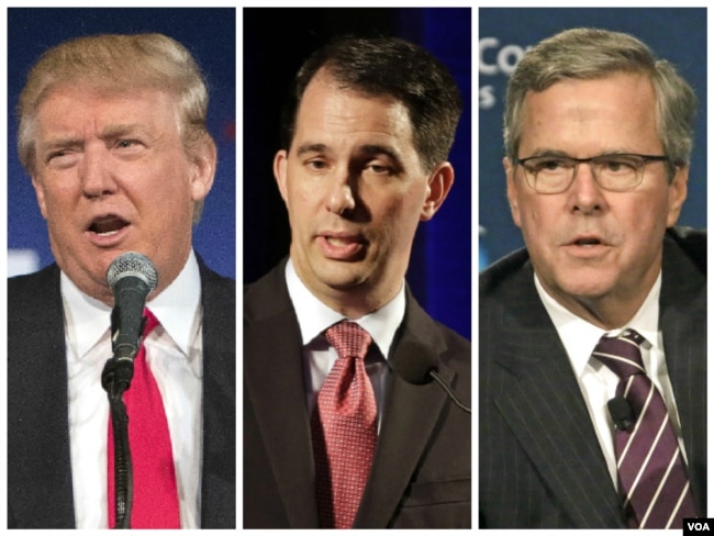 FILE - From left, 2016 Republican presidential candidates Donald Trump, Wisconsin Governor Scott Walker and former Florida Governor Jeb Bush.