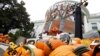 Halloween decorations on the South Portico of the White House await trick-or-treaters in Washington, Oct. 31, 2014. The Bidens are abroad for Halloween 2021, so there will be no trick-or-treating at the Executive Mansion.