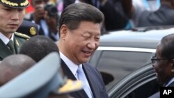시진핑 중국 국가주석이 1일 아프리카 짐바브웨 하라레 시에 도착해 로버트 무가베 짐바브웨 대통령과 인사를 나누고 있다.
