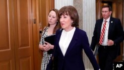 Sen. Susan Collins, R-Maine, heads to the Senate floor for the vote on the confirmation vote of Supreme Court nominee Brett Kavanaugh, on Capitol Hill, Oct. 6, 2018 in Washington.